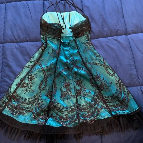 Dresses | Morgan4ever Teal Dress With Black Lace Overlay | Poshmark